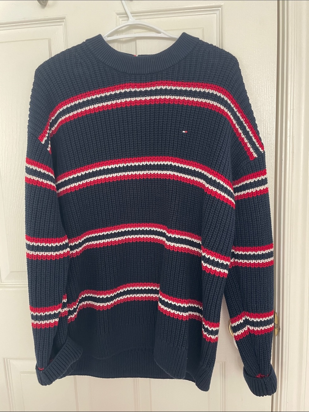 Tommy Hilfiger Navy Crewneck Sweater with Red & White Stripes